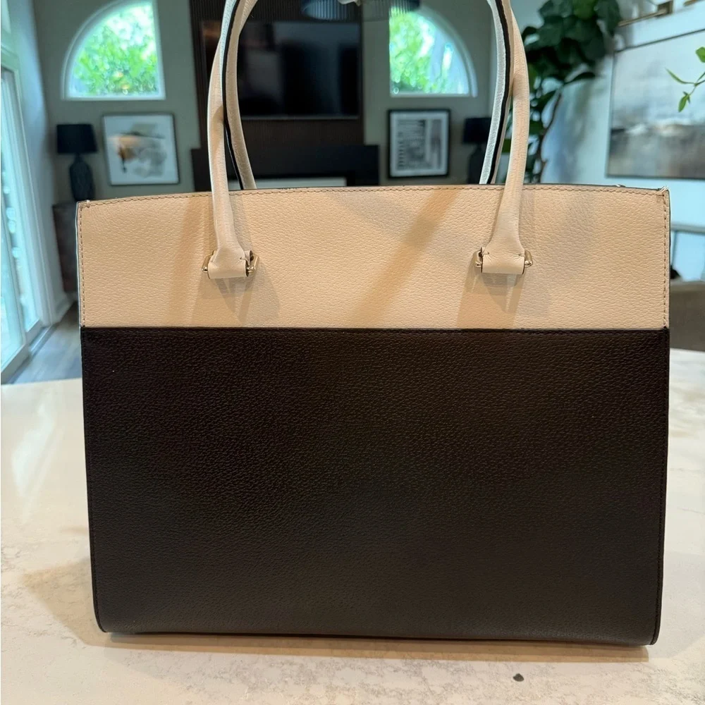 Kate Spade New York Black Cream Grove Street Maeve Large Structured Leather Tote